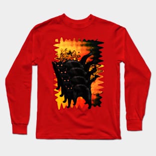 Psychedelic Black Cat Horror Red Melty colorful background surreal collage in gold Long Sleeve T-Shirt